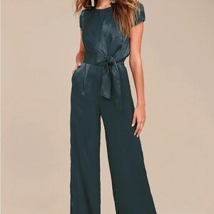 Lulus Let Me Entertain You Dark Green Satin Wide-Leg Jumpsuit